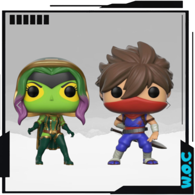 Duas figuras Funko Pop, uma verde com máscara preta e outra com cabelo castanho e máscara vermelha.