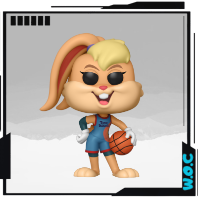 Figura Funko Pop da personagem Lola Bunny com roupa de basquetebol azul e bola laranja.