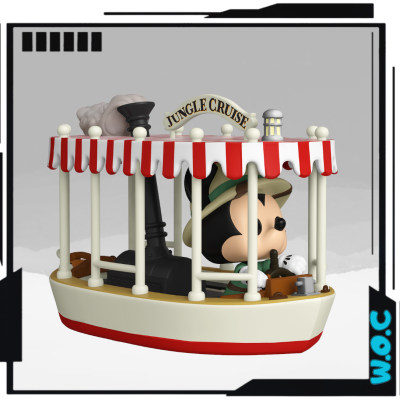 Figura colecionável barco Jungle Cruise com Mickey Mouse explorador e tenda riscas vermelhas e brancas