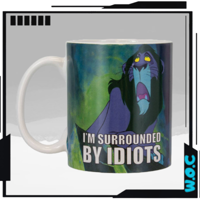 Caneca branca com imagem do vilão Scar e texto em inglês