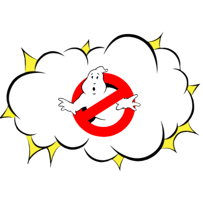 Logomarca dos Caça-Fantasmas com fantasma branco num círculo vermelho e faixa diagonal