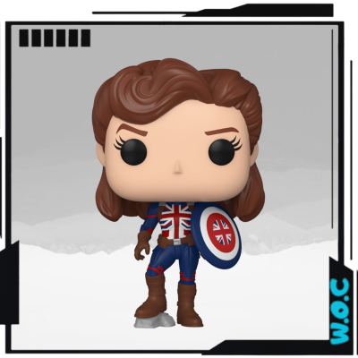 Figura Funko Pop de personagem com escudo e fatos com a bandeira do Reino Unido