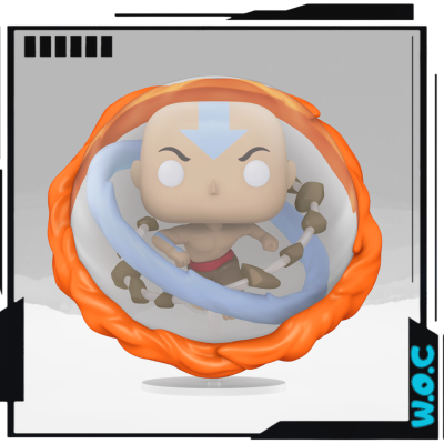 Figura colecionável do personagem Aang com seta azul na cabeça e círculos laranja e azul ao redor