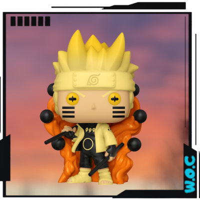 Figura Funko Pop de Naruto com detalhes amarelos, pretos e laranjas com fundo rosa e laranja