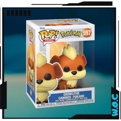 Funko Pop! de vinil da personagem Pokémon Growlithe na caixa original com janela transparente
