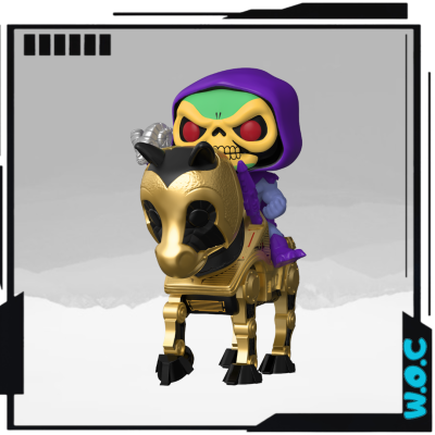 Figura colecionável esqueleto com capuz roxo montado num cavalo dourado