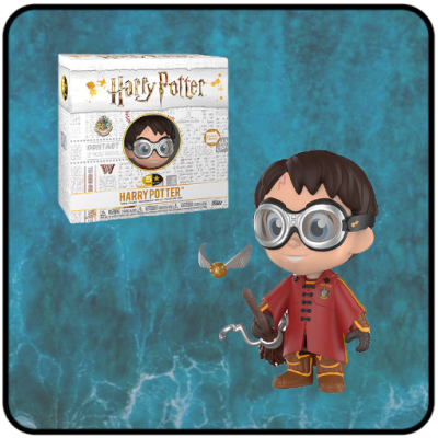 Figura de vinil Harry Potter com varinha e pomo de ouro e caixa de embalagem