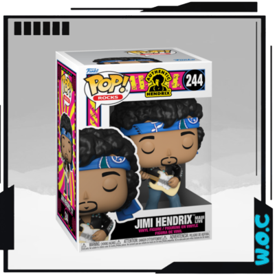 Figura Funko POP! de Jimi Hendrix em caixa transparente com detalhes coloridos