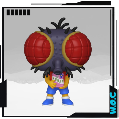 Figura Funko Pop de uma mosca com olhos vermelhos e roupa colorida segurando um recipiente rosa com a palavra SUGAR