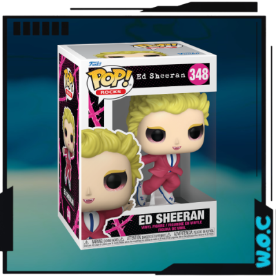 Boneco Funko Pop! Rocks Ed Sheeran número 348 com fato vermelho dentro de caixa branca e rosa