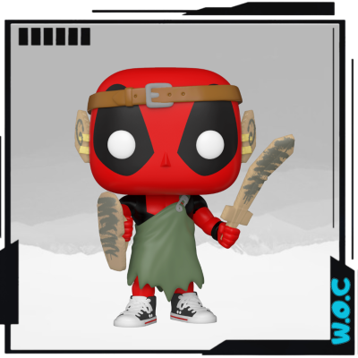 Figura VINYLPOP do personagem Deadpool com roupa verde e espadas