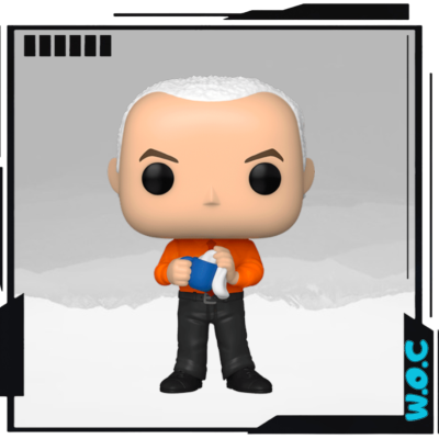 Figura Funko Pop com camisola laranja e caneca azul