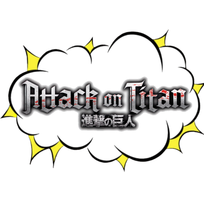 Logótipo Attack on Titan com texto em inglês e japonês, fundo preto e amarelo