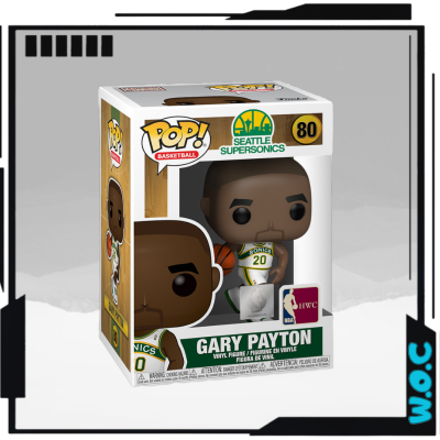 Figura Funko POP! de Gary Payton com roupa do Seattle Supersonics dentro da caixa