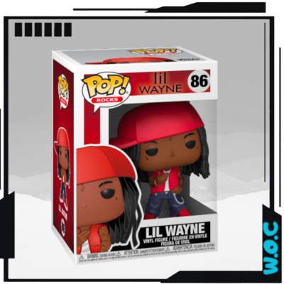 Boneco Funko Pop! Lil Wayne com boné e colete vermelhos dentro da caixa