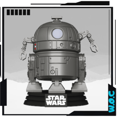 Figura colecionável de robô Star Wars prateado com base preta e texto branco