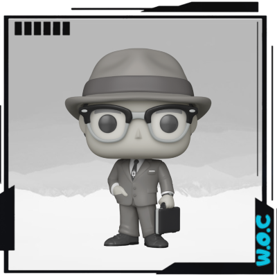 Figura colecionável cinza com chapéu castanho e pasta preta