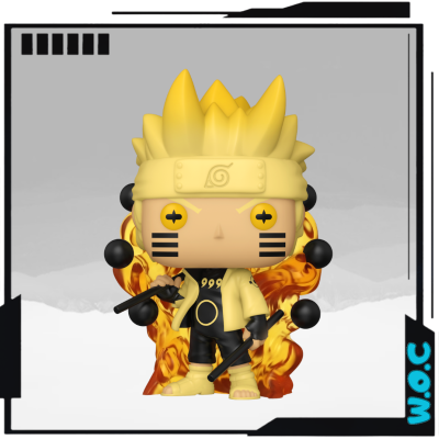 Figura Funko Pop de Naruto com detalhes amarelos e fogo ao fundo