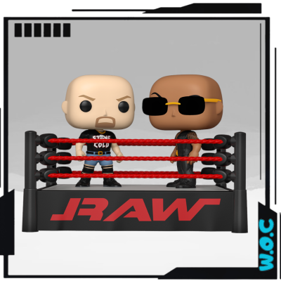 Duas figuras Funko Pop num ringue de luta livre RAW.