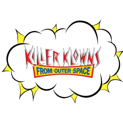 Logotipo do filme Killer Klowns from Outer Space em nuvem preta com estrelas amarelas