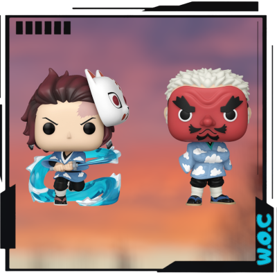 Dois bonecos Funko Pop, um com máscara branca e roupa azul, outro com cara vermelha e camisola de nuvens azuis, frente a fundo de pôr-do-sol
