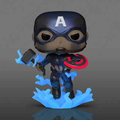 Figura Funko Pop do Capitão América com escudo em base azul.