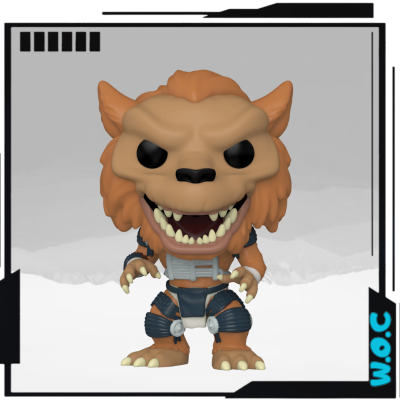 Figura colecionável estilo Funko Pop de monstro castanho com roupa preta e cinza