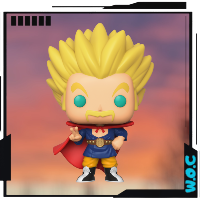 Figura Funko Pop com cabelo amarelo e capa vermelha em fundo rosa e laranja