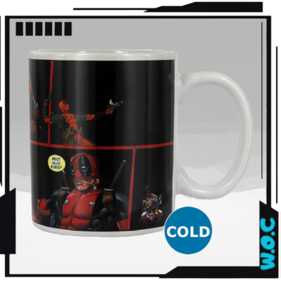 Caneca branca com decoração do Deadpool e texto 'BEST BLOOD EVER'