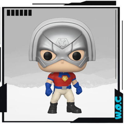Figura Funko Pop com capacete prateado e roupa vermelha, azul e creme.