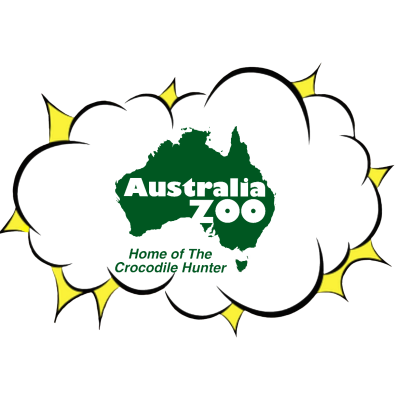 Logótipo Australia Zoo com texto e silhueta verde da Austrália rodeado por nuvem preta e estrelas amarelas
