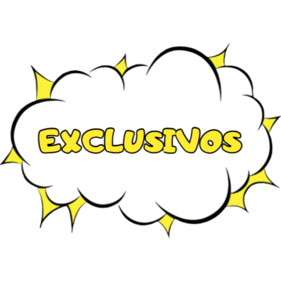 Balão de fala preto com palavra EXCLUSIVOS em letras amarelas