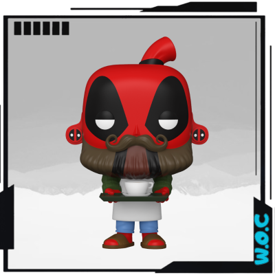 Figura Funko Pop de Deadpool com máscara vermelha e preta, avental branco e bigode, segurando uma bandeja com copo branco