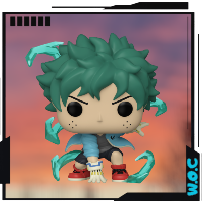 Figura Funko Pop com cabelo verde e efeitos translúcidos azuis em fundo alaranjado