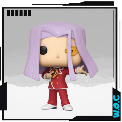 Figura Funko Pop com cabelo lilás e fato vermelho