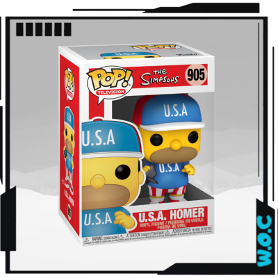 Funko Pop! Homer dos Simpsons com roupa azul 'U.S.A' na caixa original