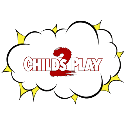Título do filme Child's Play 2 em nuvem preta com detalhes amarelos