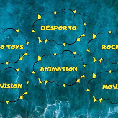 Fundo azul com seis balões de fala azuis escuros com texto amarelo sobre diferentes temas.