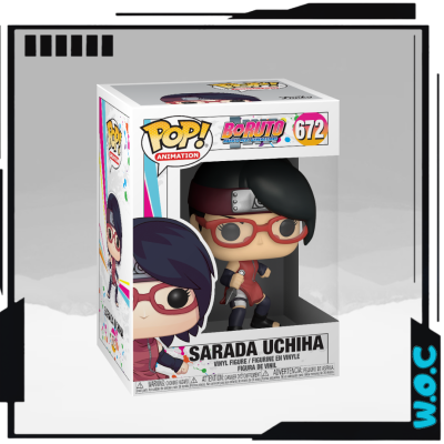 Figura vinyl Sarada Uchiha da série Boruto na caixa POP! Animation