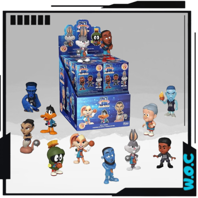Figuras colecionáveis coloridas de personagens Space Jam com caixas azuis
