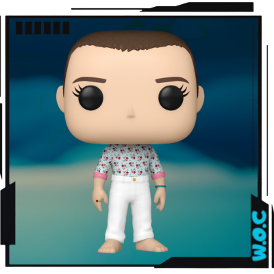 Figura Funko Pop de personagem com camisa florida e calças brancas sobre fundo azul com texto W.O.C.