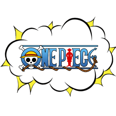 Logotipo colorido de One Piece com texto, chapéu de palha, crânio e corda sobre fundo preto e amarelo