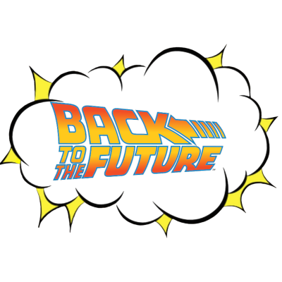 Imagem gráfica do texto 'BACK TO THE FUTURE' em balão de pensamento preto com bordas amarelas