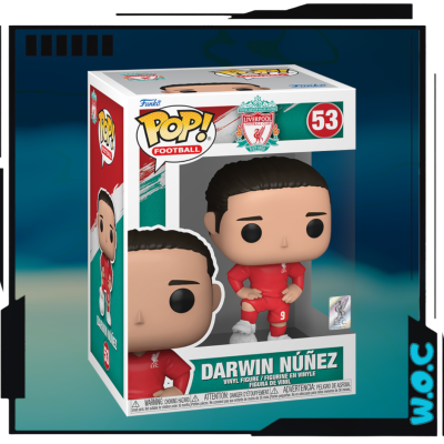 Figura Funko Pop de Darwin Núñez com uniforme vermelho do Liverpool em caixa original