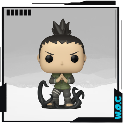 Figura Funko Pop de personagem com cabelo preto espetado, roupa verde e cinzenta, base preta curva.