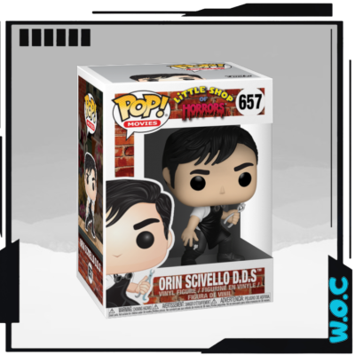 Figura Funko Pop! Orin Scivello D.D.S. da Little Shop of Horrors número 657 em embalagem branca com detalhes vermelhos.