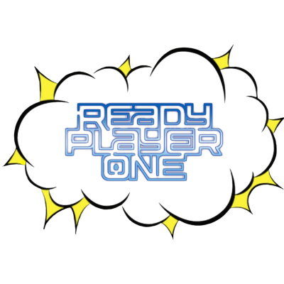 Texto azul READY PLAYER ONE em nuvem preta com detalhes amarelos