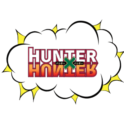 Logótipo do anime HUNTER X HUNTER sobre nuvem preta com bordas amarelas