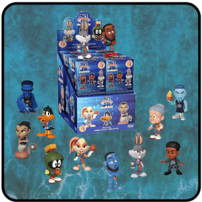 Figuras colecionáveis de Space Jam em vinil colorido com embalagem azul e fundo azul marbleado