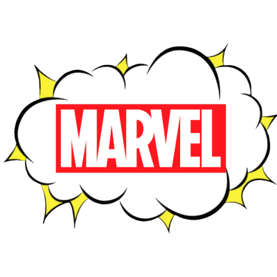 Logótipo MARVEL em nuvem preta com explosão amarela